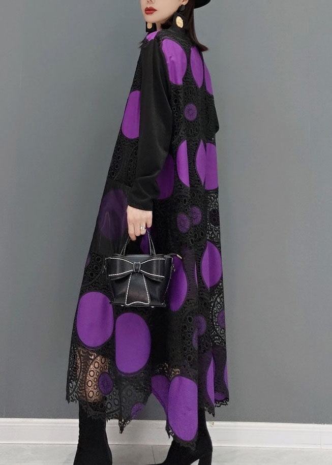 Purple Pockets Dot Print Patchwork Lace Maxi Dress Spring