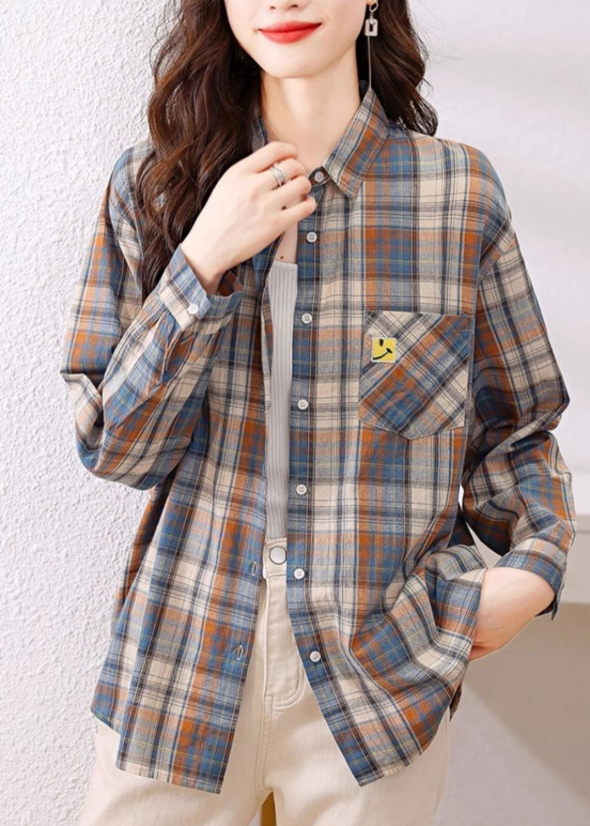 Peter Pan Collar Plaid Cotton Shirts Top Spring