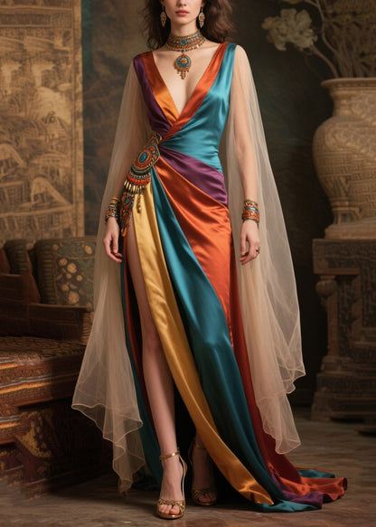 Mixed Color Deep-v Neck Patchwork Exra Large Hem Dresses Summer