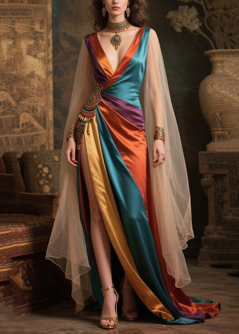 Mixed Color Deep-v Neck Patchwork Exra Large Hem Dresses Summer