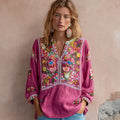 Comstylish Women's Vintage Flower Embroidery V-neck Long Sleeve Linen Blend Blouse