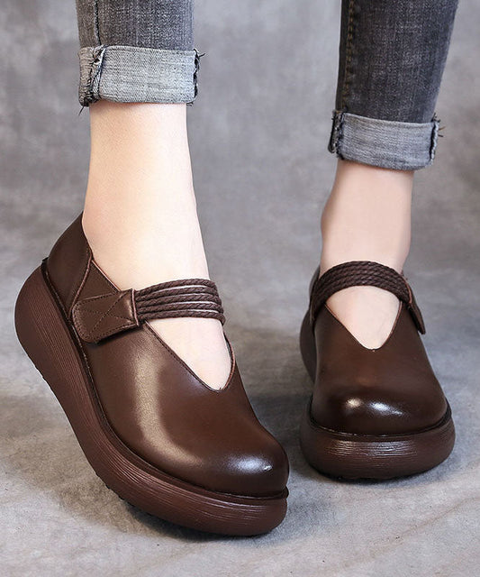 Diy Splicing Chunky High Wedge Heels Shoes Brown Cowhide Leather