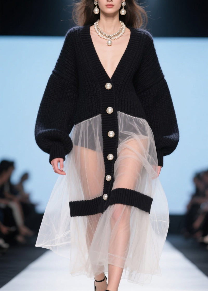 Black V Neck Tulle Patchwork Knit Loose Coat Fall