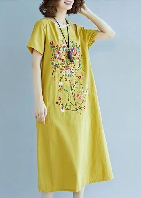 Yellow Fine Embroidered Linen Dress Summer