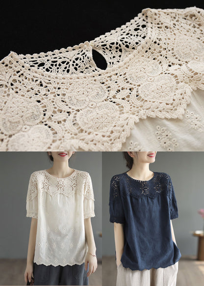 Handmade Beige O-neck Patchwork Lace Cotton Tanks Summer