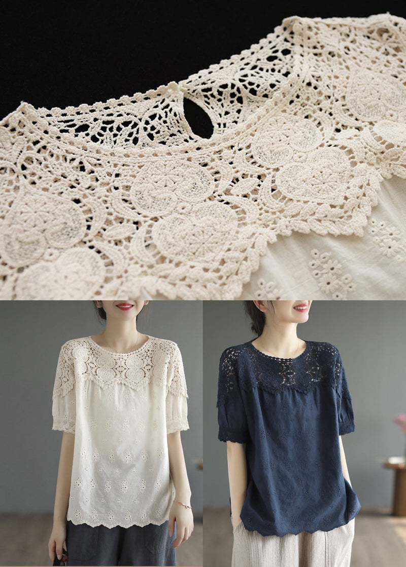 Handmade Beige O-neck Patchwork Lace Cotton Tanks Summer