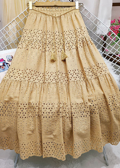 Green Embroideried Tasseled Hollow Out Cotton Skirt Summer