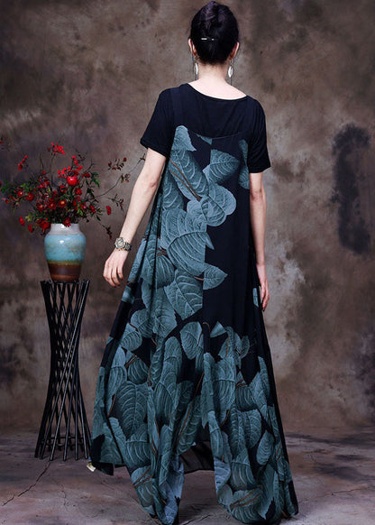 Black Asymmetrical Print Chiffon Strap Dress and Tanks Two Pieces Set Summer
