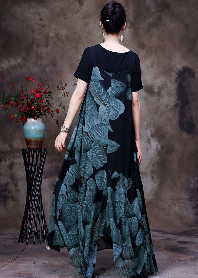 Black Asymmetrical Print Chiffon Strap Dress and Tanks Two Pieces Set Summer