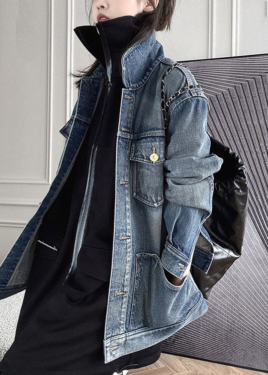 Blue Patchwork Button Denim Coat Long Sleeve Fall