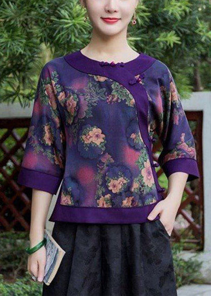 Oriental Purple Button O-neck Print Silk Tops Half Sleeve