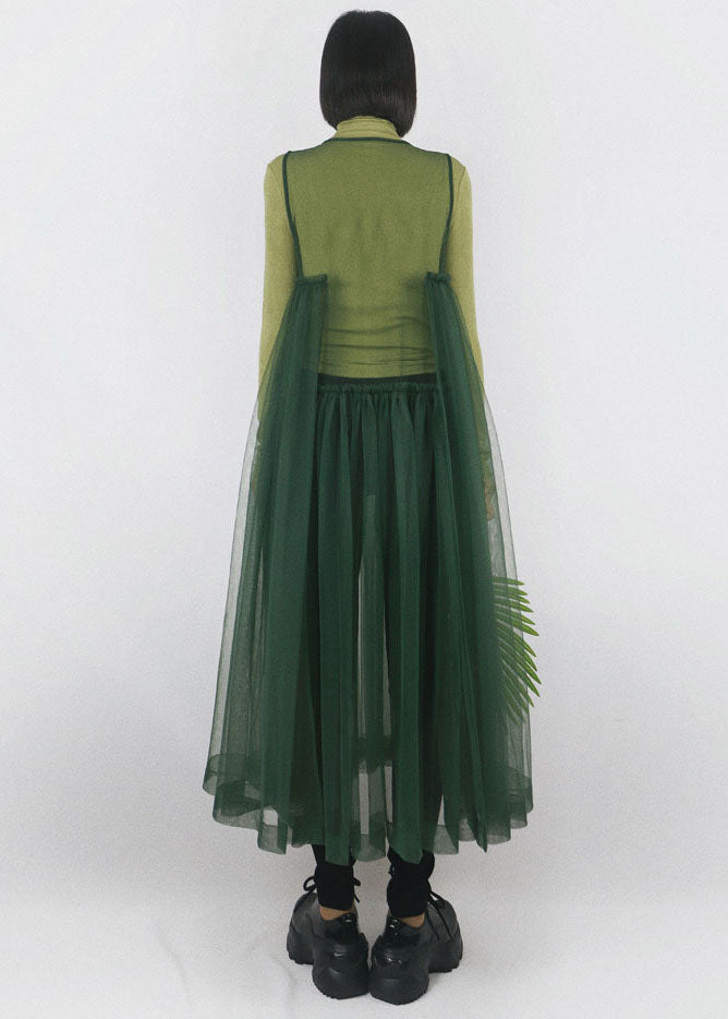 Blackish Green Tulle Long Dress Asymmetrical Exra Large Hem Sleeveless Spring