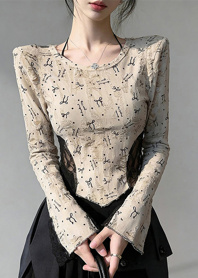 Beige Print Lace Patchwork Cotton Blouses Flare Sleeve