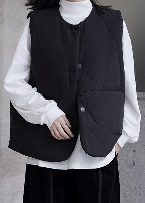 Organic Black O-neck Pockets Button Thick Warm Waistcoat Winter