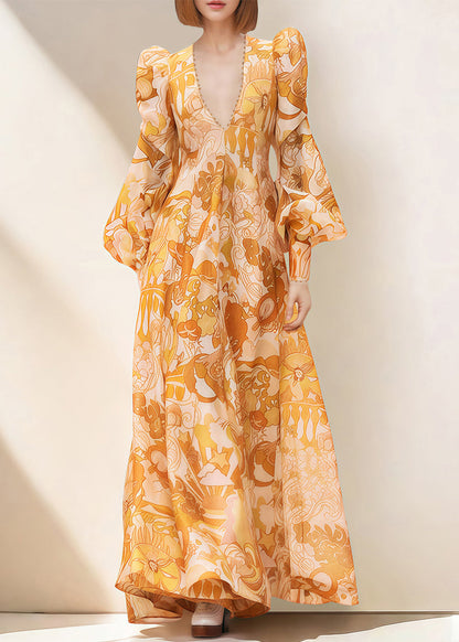 Yellow V Neck Print Nail Bead Vacation Dresses Fall