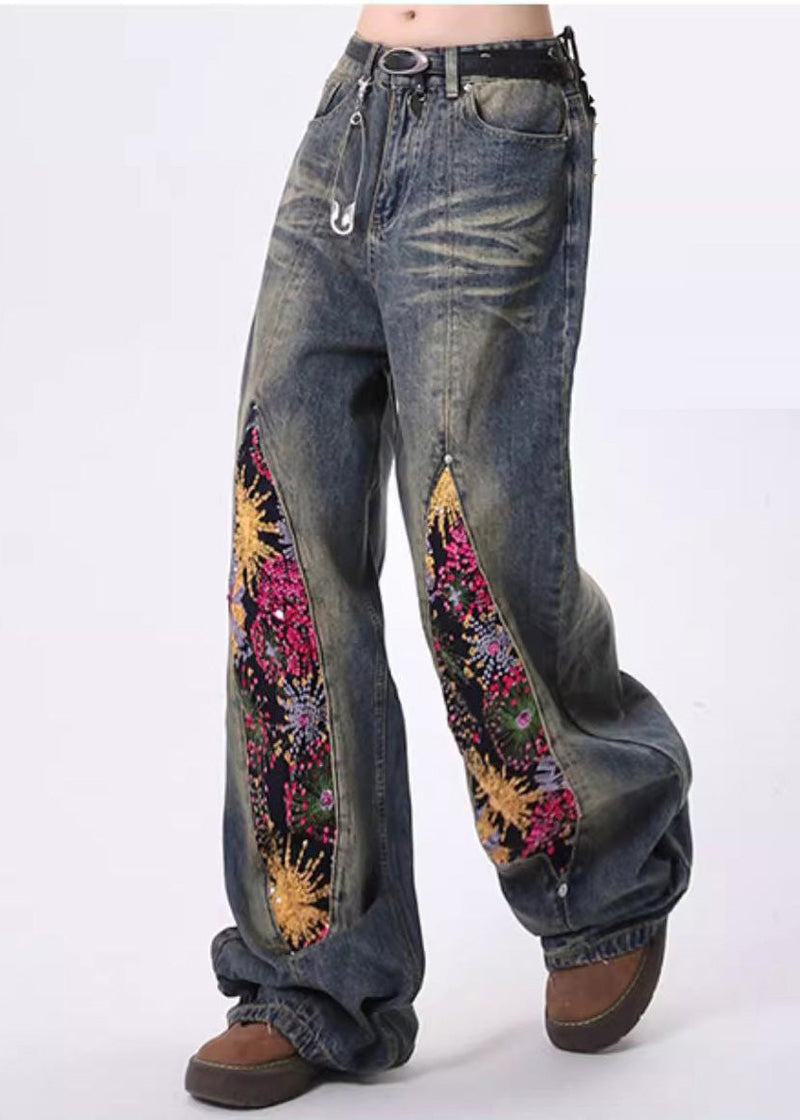 Navy Sequins Patchwork Denim Pants Spring