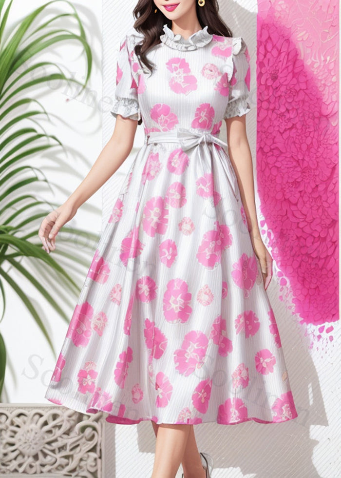 Classy Pink Ruffled Silk Cinched Dress Summer