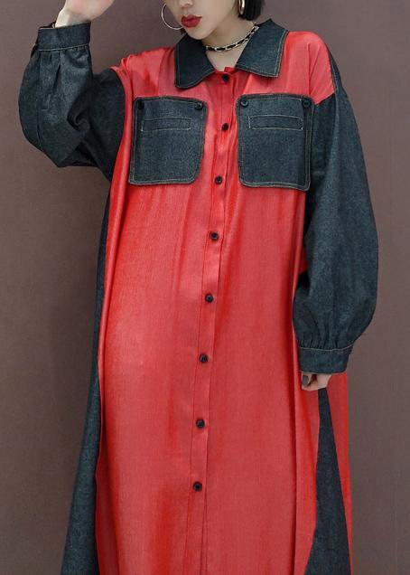 Handmade Lapel Patchwork Spring Long Dress Photography Red Kaftan Dress