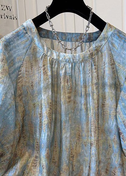 Handmade Blue O Neck Tie Dye Chiffon Top Bracelet Sleeve