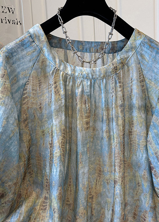 Handmade Blue O Neck Tie Dye Chiffon Top Bracelet Sleeve