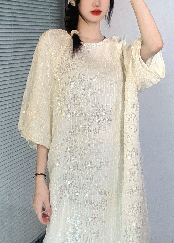 French Apricot O-neck Sequins Mid Dress Summer