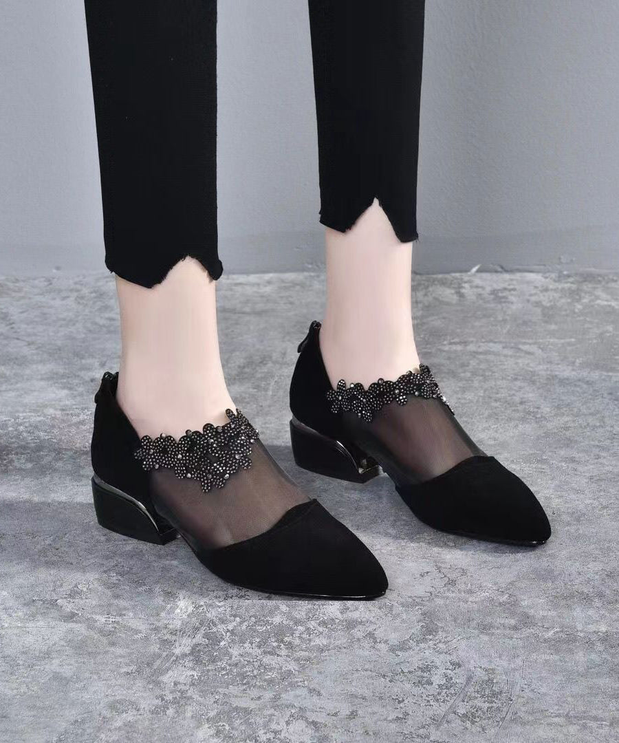 Black Suede Tulle Splicing Zircon High Heels Boots