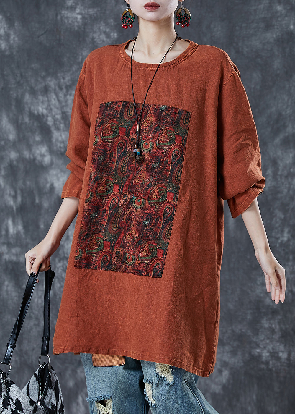 Orange Oversized Print Linen Sweatshirt Fall