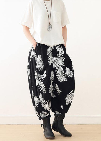 White Print Elastic Waist Cotton Pants