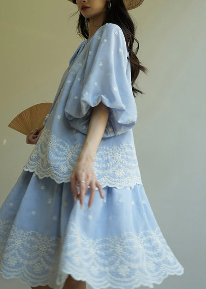 Blue Embroidered Patchwork Top and Skirts Two Pieces Set Lantern Sleeve