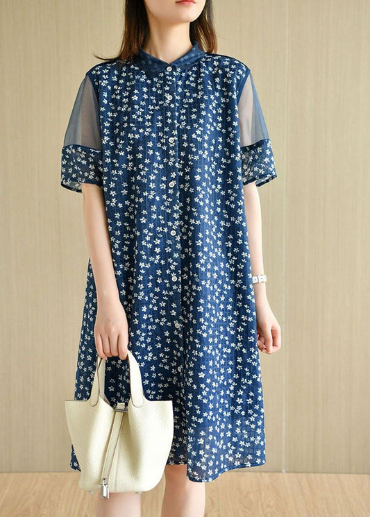 Modern Navy Peter Pan Collar Button Patchwork Tulle Summer Dresses Short Sleeve
