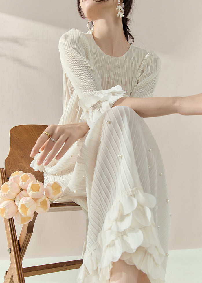 French White Nail Bead Silk Cotton Top and Maxi Skirts Two Piece Set Half Sleeve