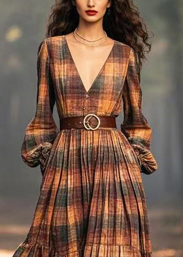 Brown Plaid Exra Large Hem Cotton Cinched Dresses Spring