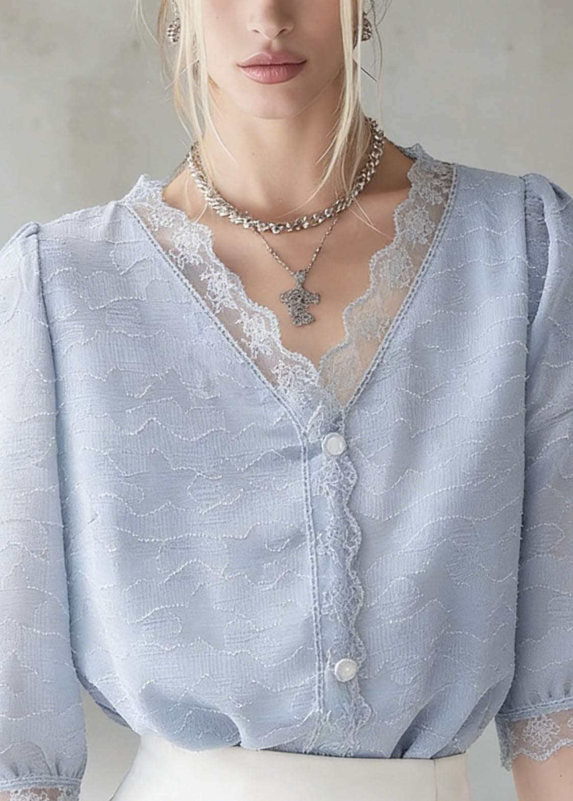 Blue V Neck Lace Patchwork Cotton Top Summer