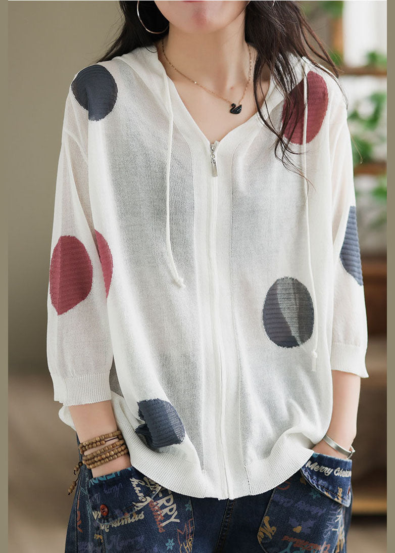 White Dot Print Knit Upf 50+ Coat Jacket Hooded Drawstring Spring