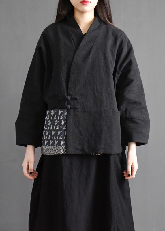Black V Neck Pockets Patchwork Fine Cotton Filled Coat Batwing Sleeve