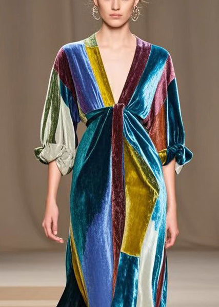 Simple Colorblock V Neck Patchwork Silk Velour Party Dress Fall