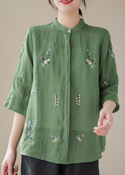 Green Stand Collar Embroideried Patchwork Linen Tops Summer