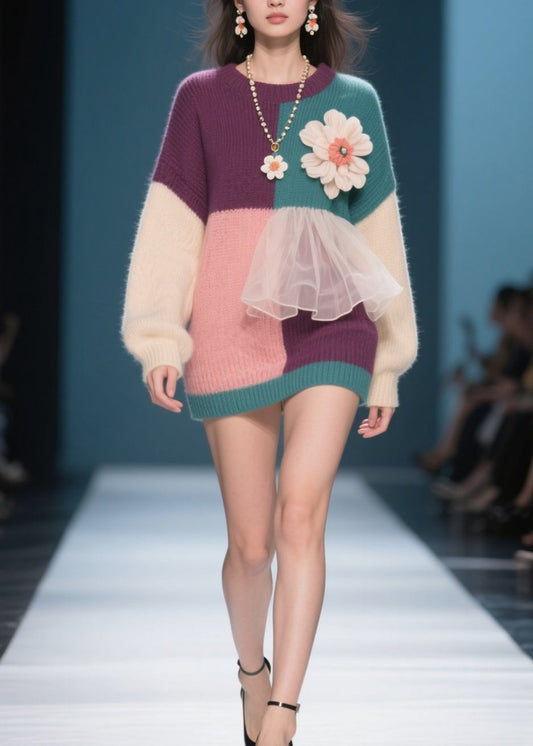 New Colorblock O Neck Tulle Patchwork Knit Pullover Fall