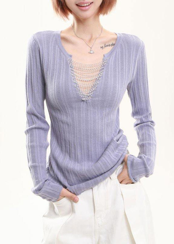 Lavender Tasseled Patchwork Knit Tops Spring