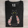 Comstylish Pink Floral Black Cat Embroidered Comfy T Shirt