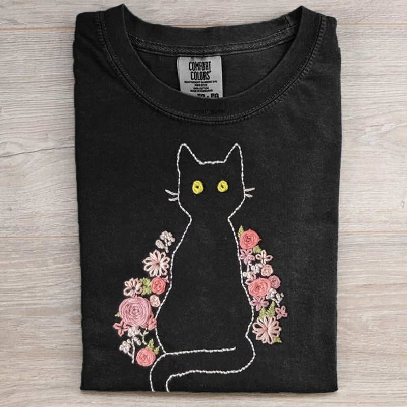 Comstylish Pink Floral Black Cat Embroidered Comfy T Shirt