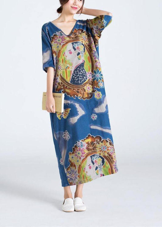 Blue Character Print Clothes O Neck Long Summer Dress