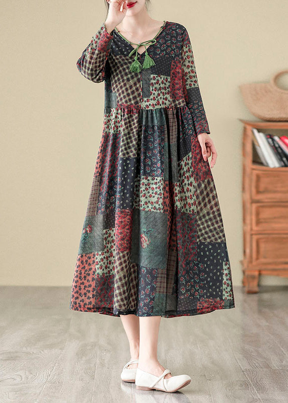 V Neck Print Patchwork Cotton Long Dress Fall