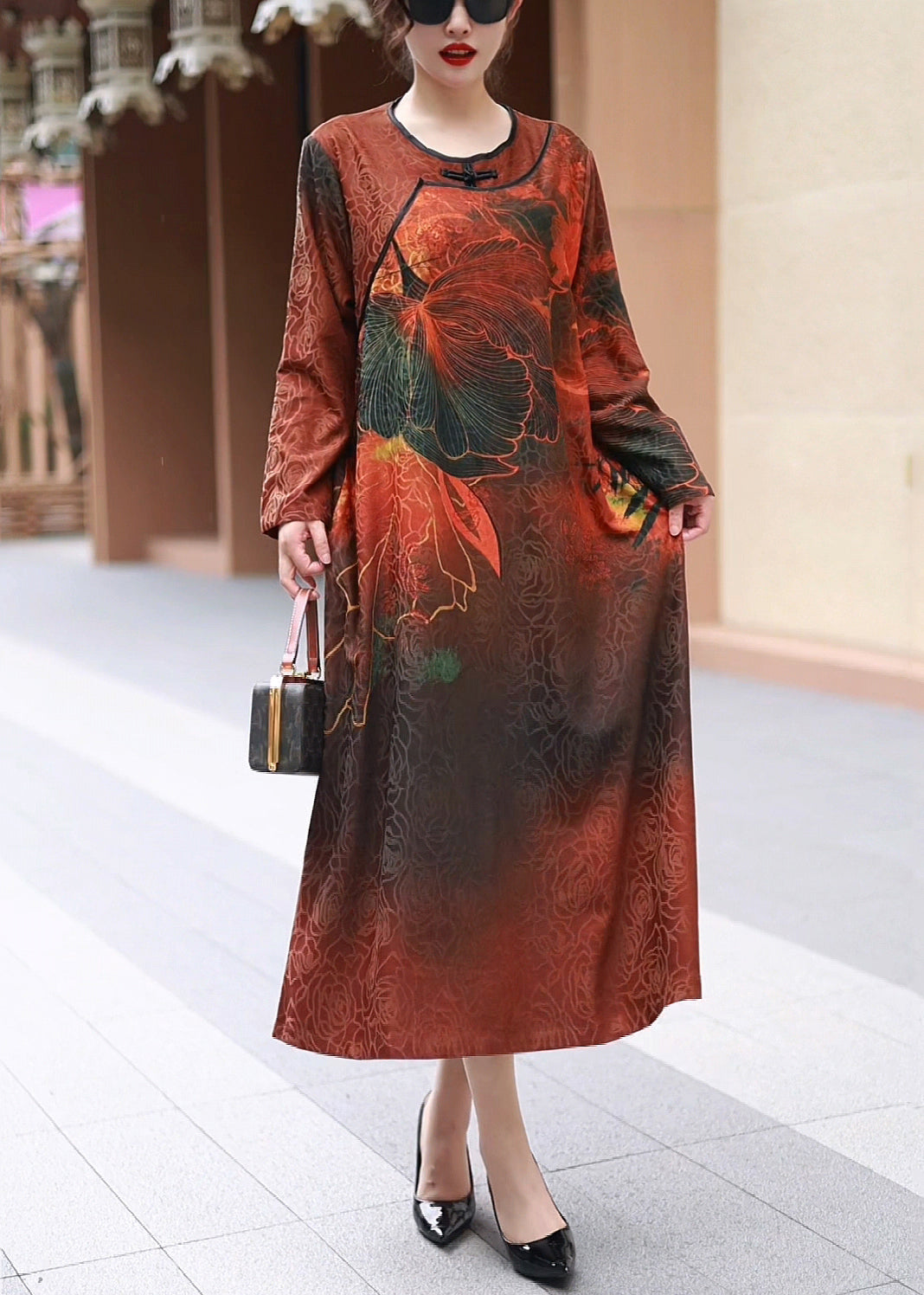 Red O Neck Print Cotton Long Dress Fall