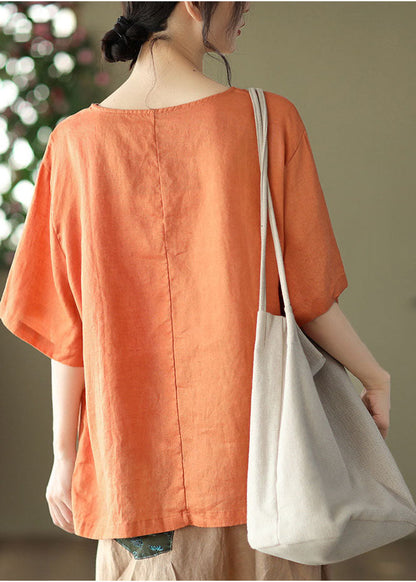 Orange O-neck Patchwork Linen Top Short Sleeve