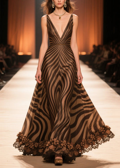 Brown V Neck Striped Chiffon Long Dresses Summer