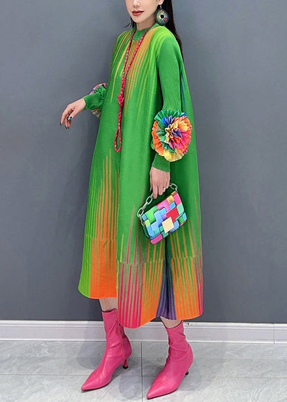 Green O Neck Decorated Cotton Dress Spring