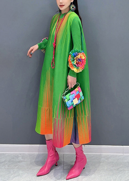Green O Neck Decorated Cotton Dress Spring
