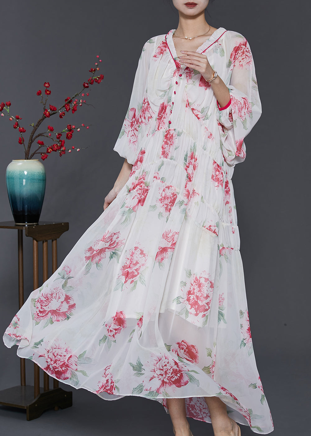 White V Neck Print Chiffon Beach Dress Spring
