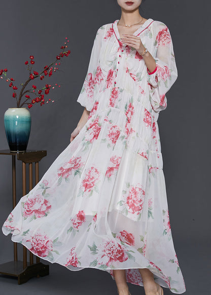 White V Neck Print Chiffon Beach Dress Spring